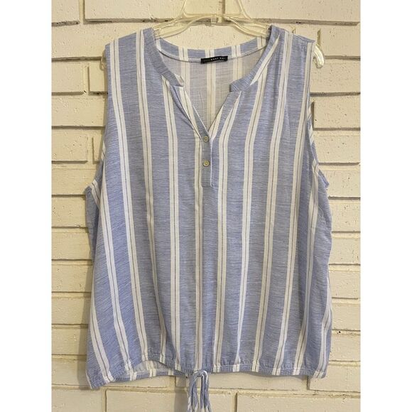 West Kei White &‎ Blue Striped Sleeveless Tank Top Size XXL Shirt V-Neck Beachy - Picture 1 of 7